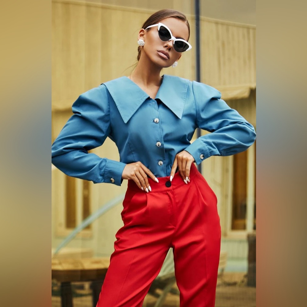 Elagia Blue Puff Sleeve Collared Blouse